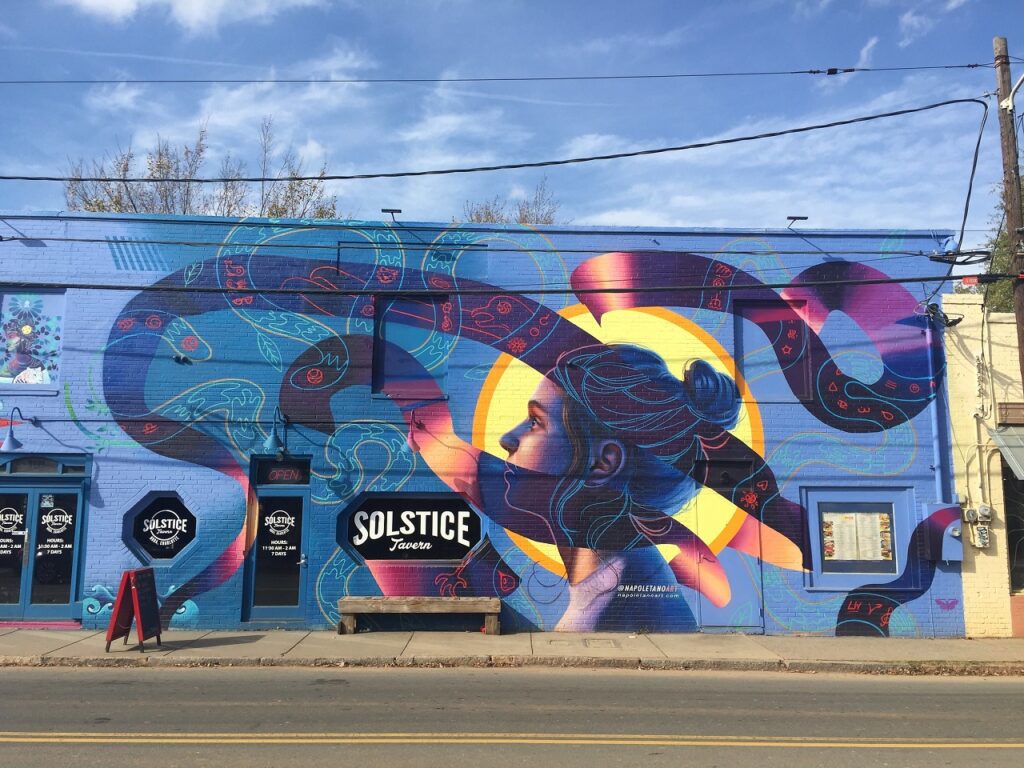 Mural on Solstice Tavern in NoDa in North Charlotte NC